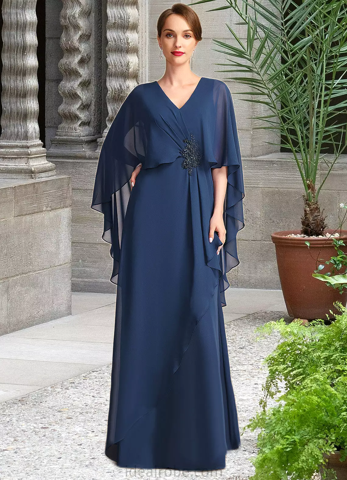 Shaniya A-line V-Neck Floor-Length Chiffon Mother of the Bride Dress With Beading Cascading Ruffles STKP0021766