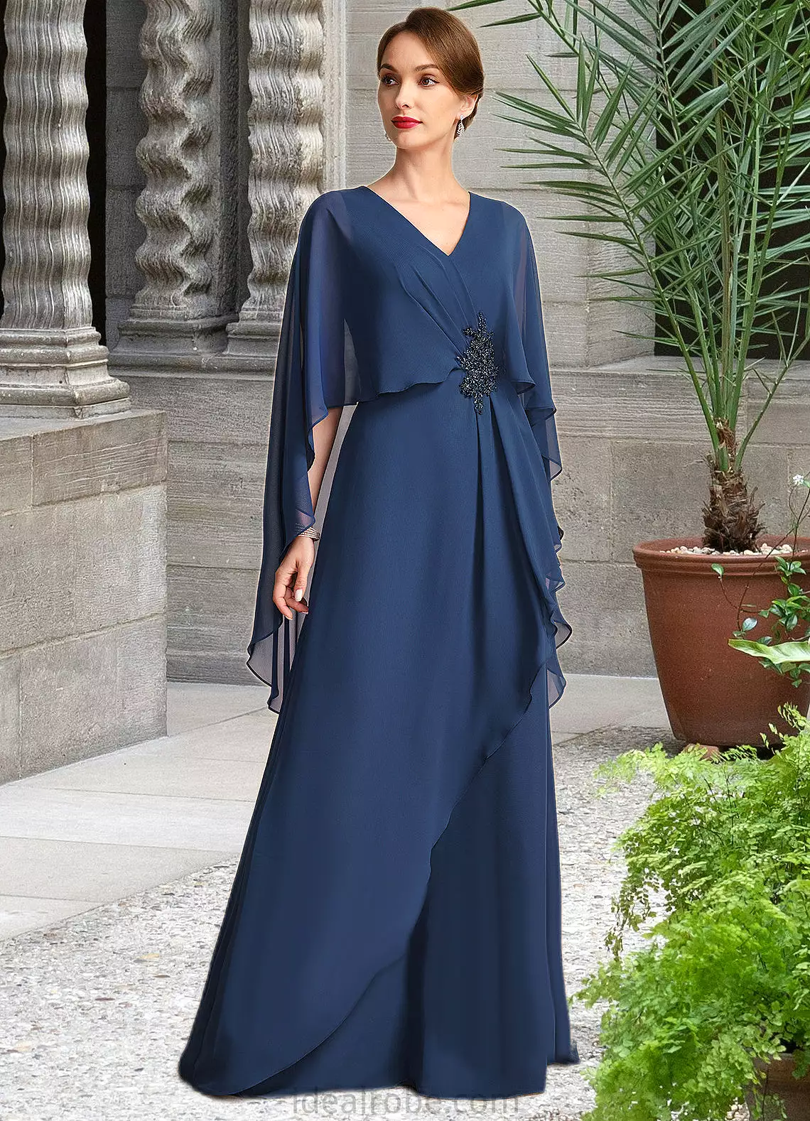 Shaniya A-line V-Neck Floor-Length Chiffon Mother of the Bride Dress With Beading Cascading Ruffles STKP0021766