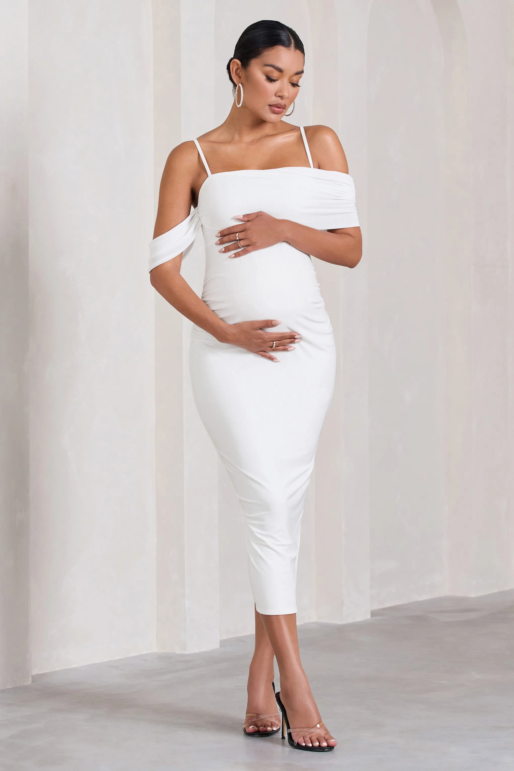 Shelby | White Mesh Bardot Strappy Maternity Midi Dress