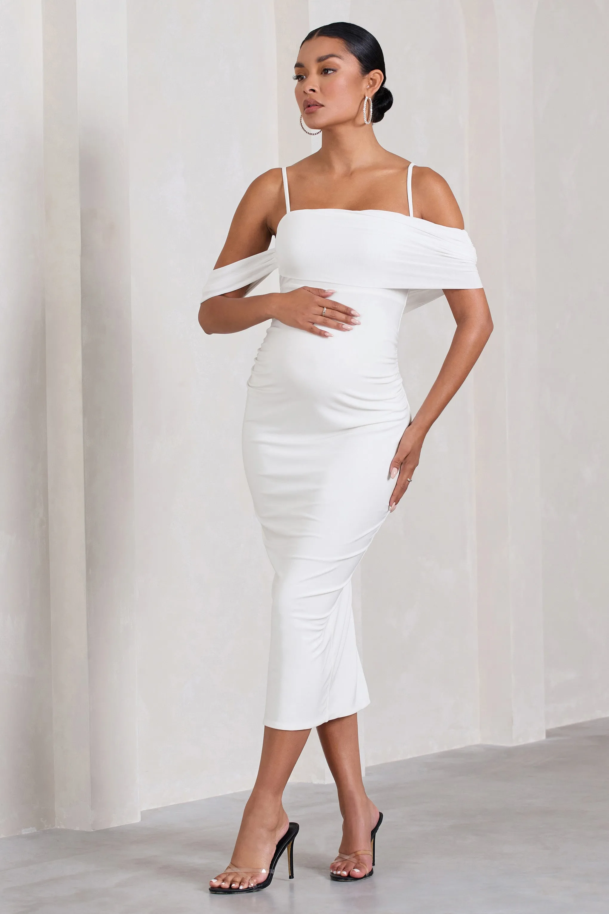 Shelby | White Mesh Bardot Strappy Maternity Midi Dress