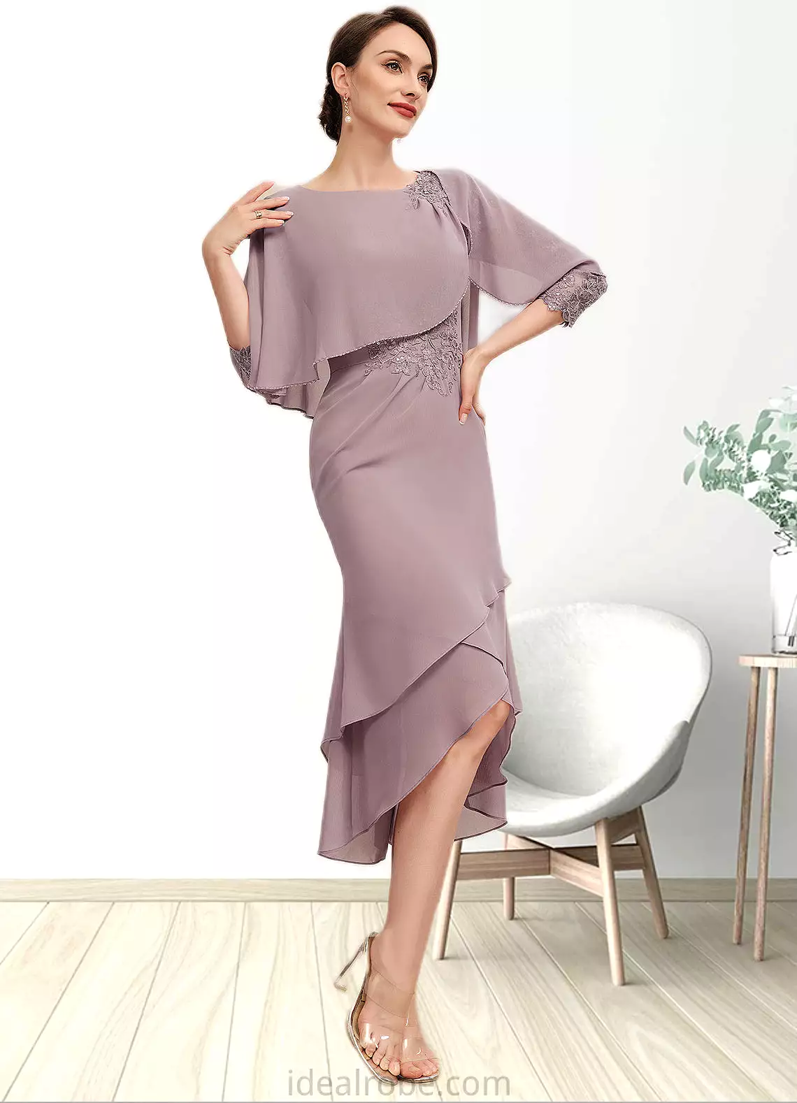 Sherlyn Sheath/Column Scoop Neck Asymmetrical Chiffon Mother of the Bride Dress With Ruffle Lace Sequins STK126P0014826