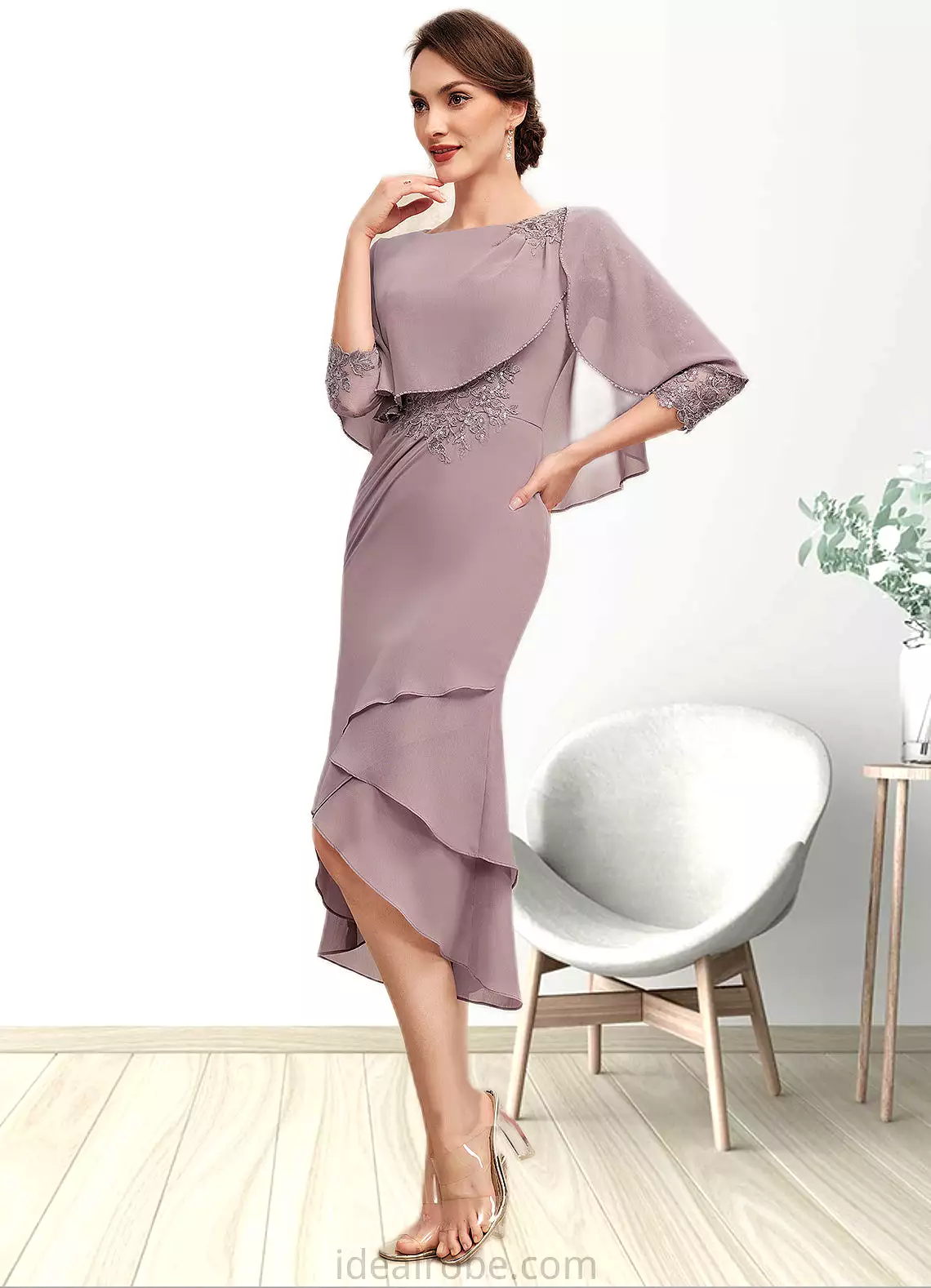 Sherlyn Sheath/Column Scoop Neck Asymmetrical Chiffon Mother of the Bride Dress With Ruffle Lace Sequins STK126P0014826