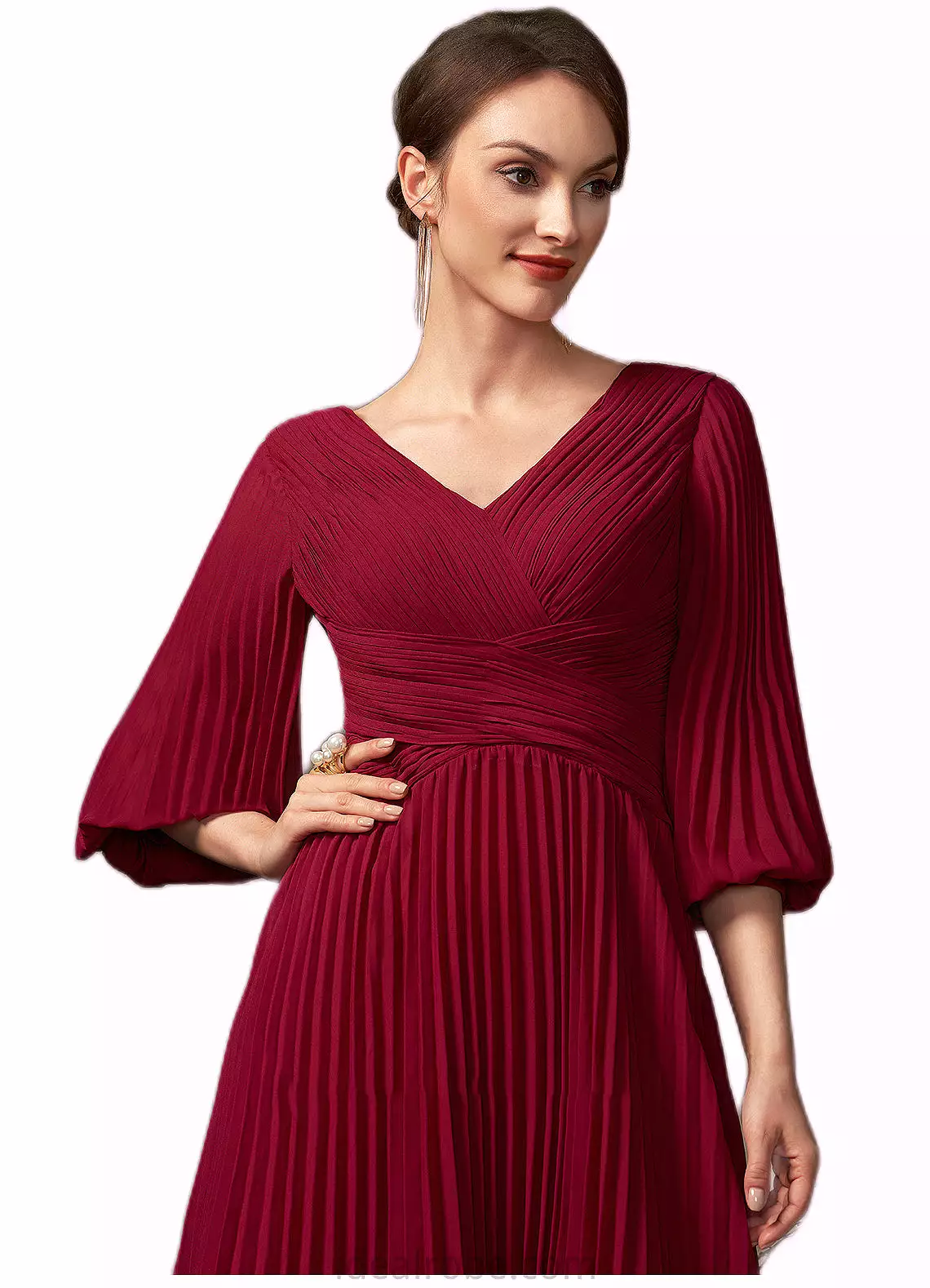 Sofia A-Line V-neck Tea-Length Chiffon Mother of the Bride Dress With Pleated STK126P0014878