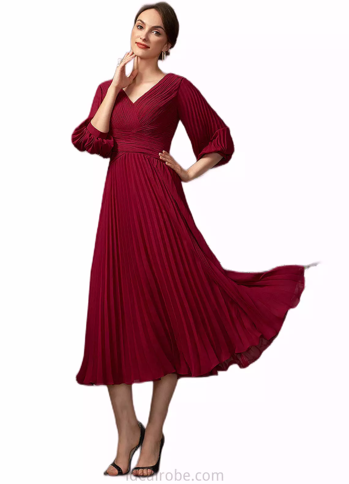 Sofia A-Line V-neck Tea-Length Chiffon Mother of the Bride Dress With Pleated STK126P0014878