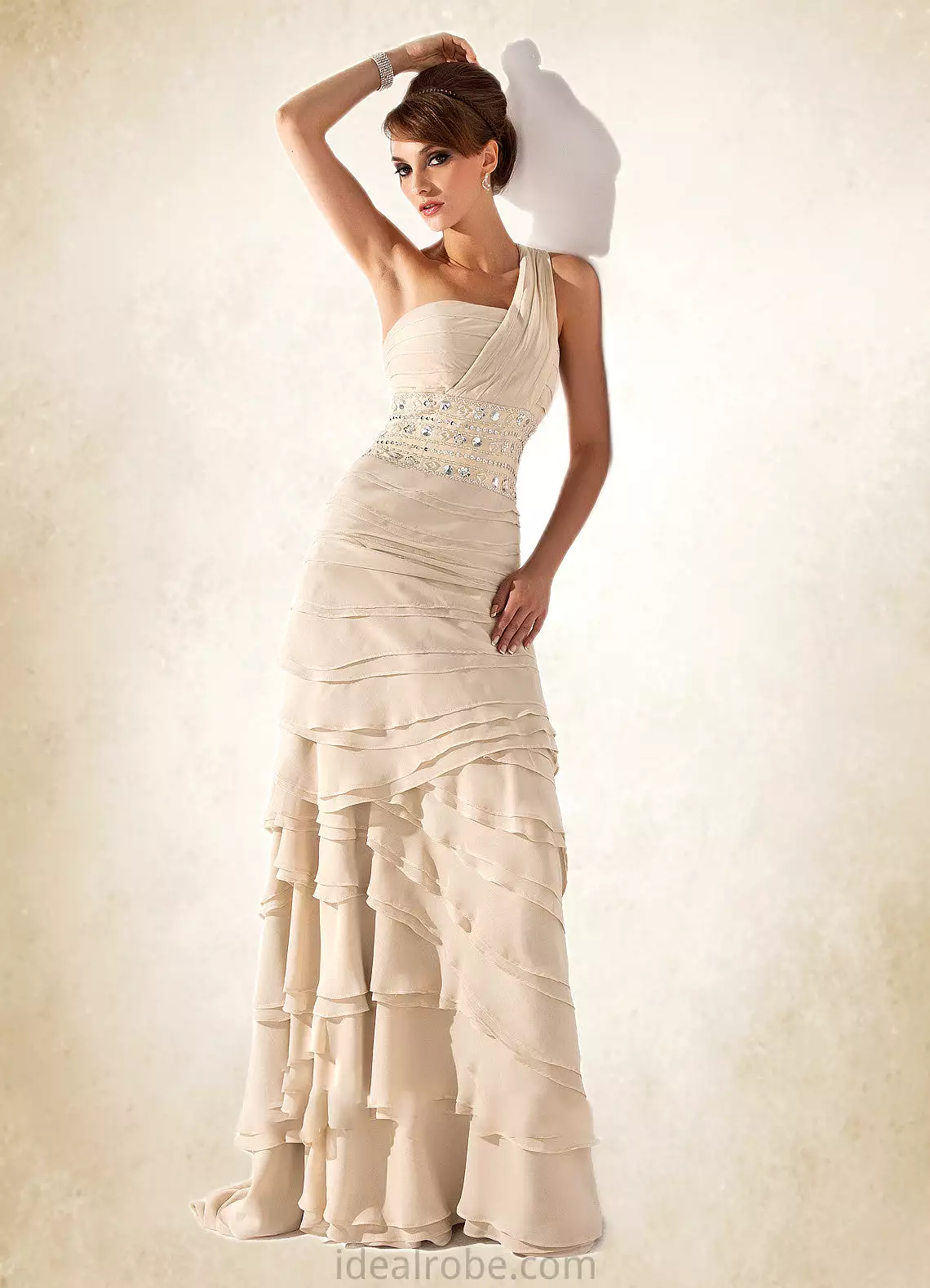 Stella A-Line One-Shoulder Sweep Train Chiffon Mother of the Bride Dress With Beading Cascading Ruffles STK126P0014610