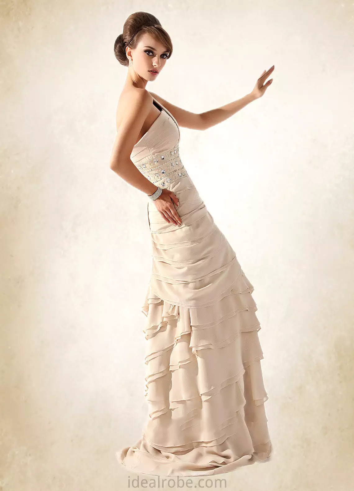 Stella A-Line One-Shoulder Sweep Train Chiffon Mother of the Bride Dress With Beading Cascading Ruffles STK126P0014610