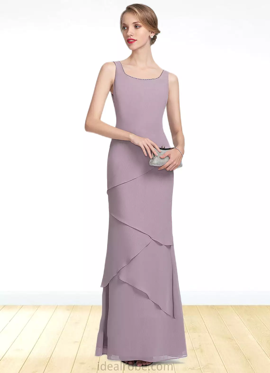 Tamara Sheath/Column Scoop Neck Floor-Length Chiffon Mother of the Bride Dress With Beading Cascading Ruffles STK126P0014975