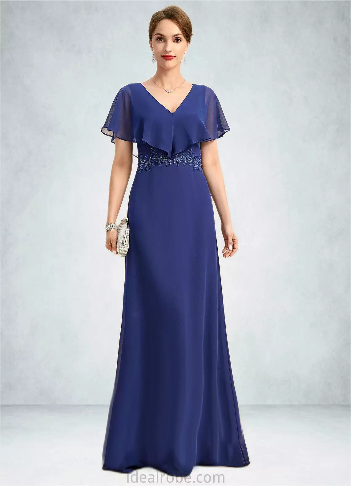 Tamia A-line V-Neck Floor-Length Chiffon Mother of the Bride Dress With Beading Appliques Lace Sequins STKP0021829