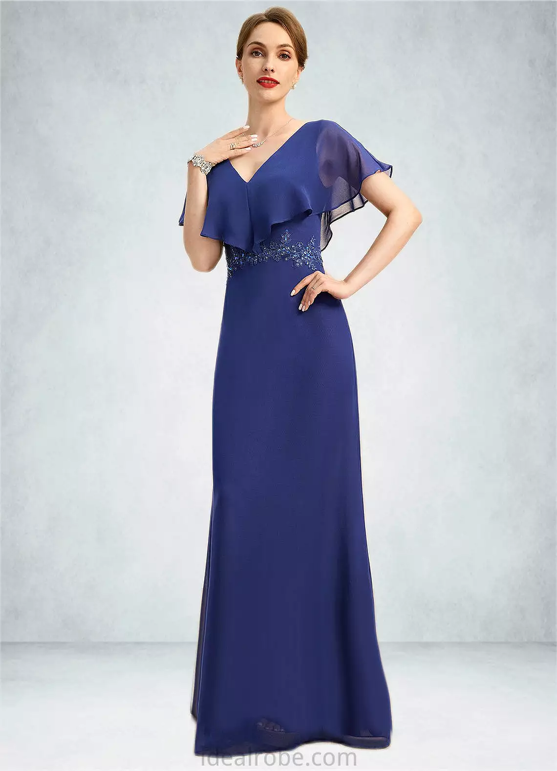 Tamia A-line V-Neck Floor-Length Chiffon Mother of the Bride Dress With Beading Appliques Lace Sequins STKP0021829