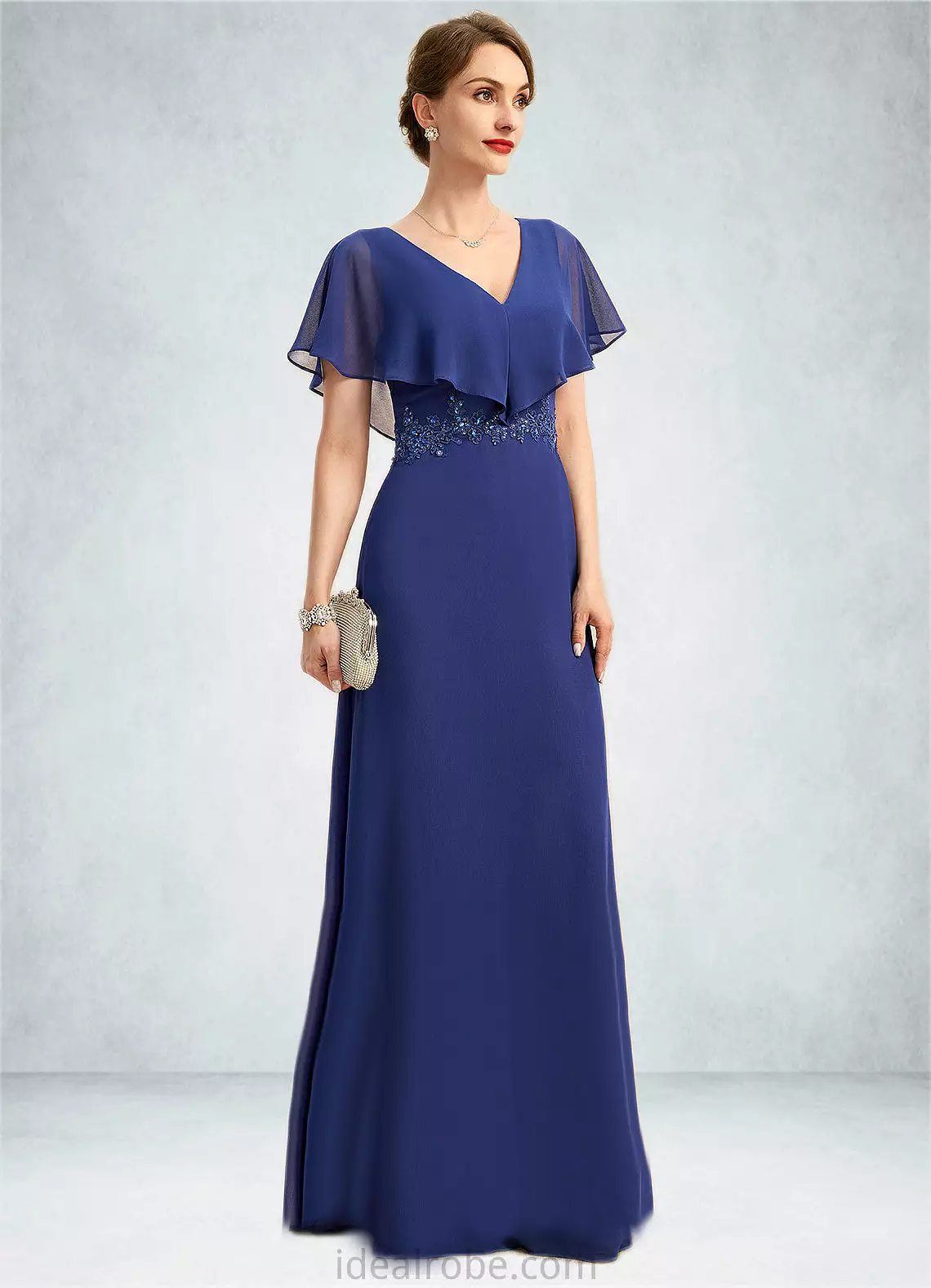 Tamia A-line V-Neck Floor-Length Chiffon Mother of the Bride Dress With Beading Appliques Lace Sequins STKP0021829