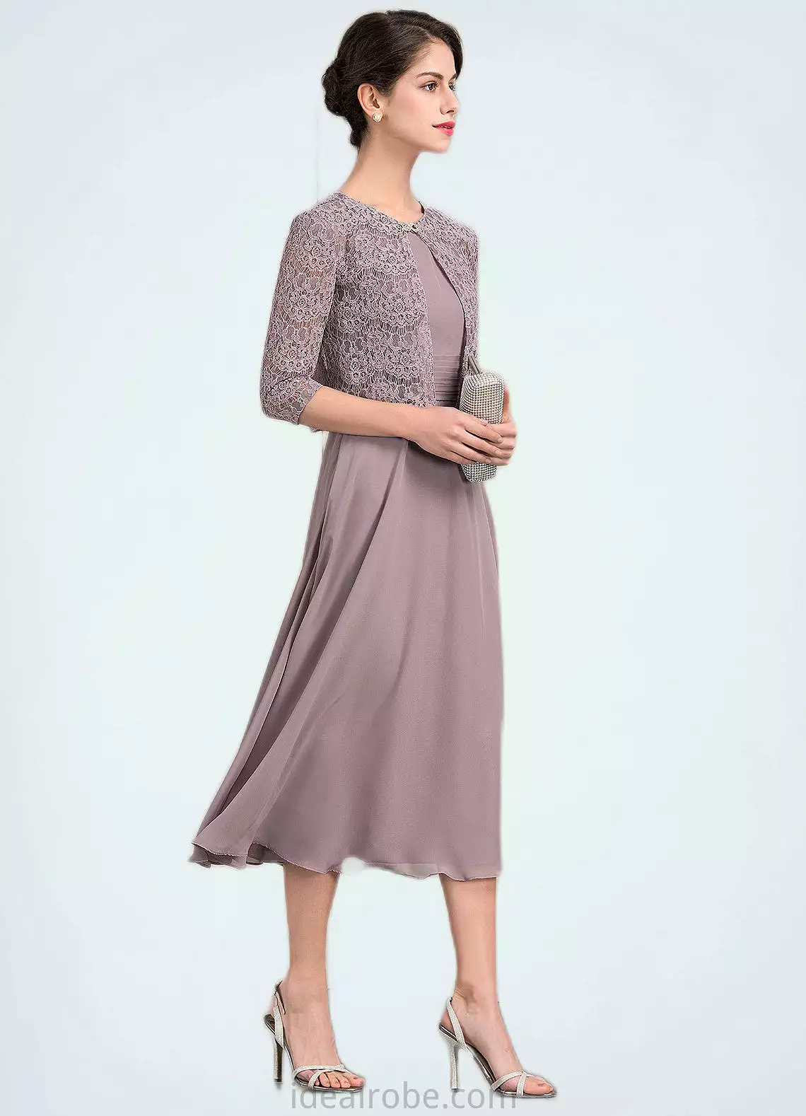 Tatum A-Line Scoop Neck Tea-Length Chiffon Mother of the Bride Dress With Ruffle STK126P0014679