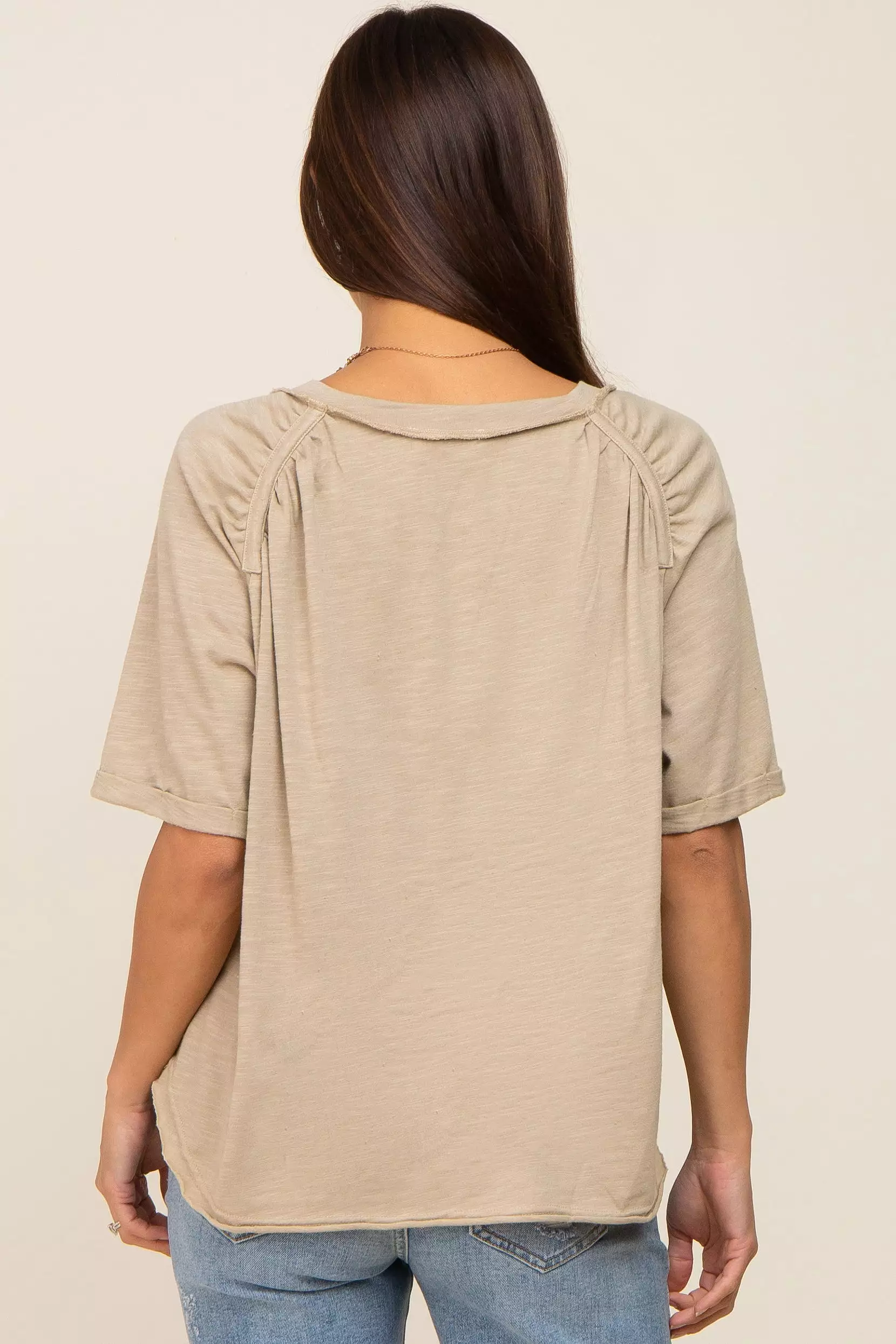 Taupe Front Pocket Raw Edge Trim Short Sleeve Maternity Top