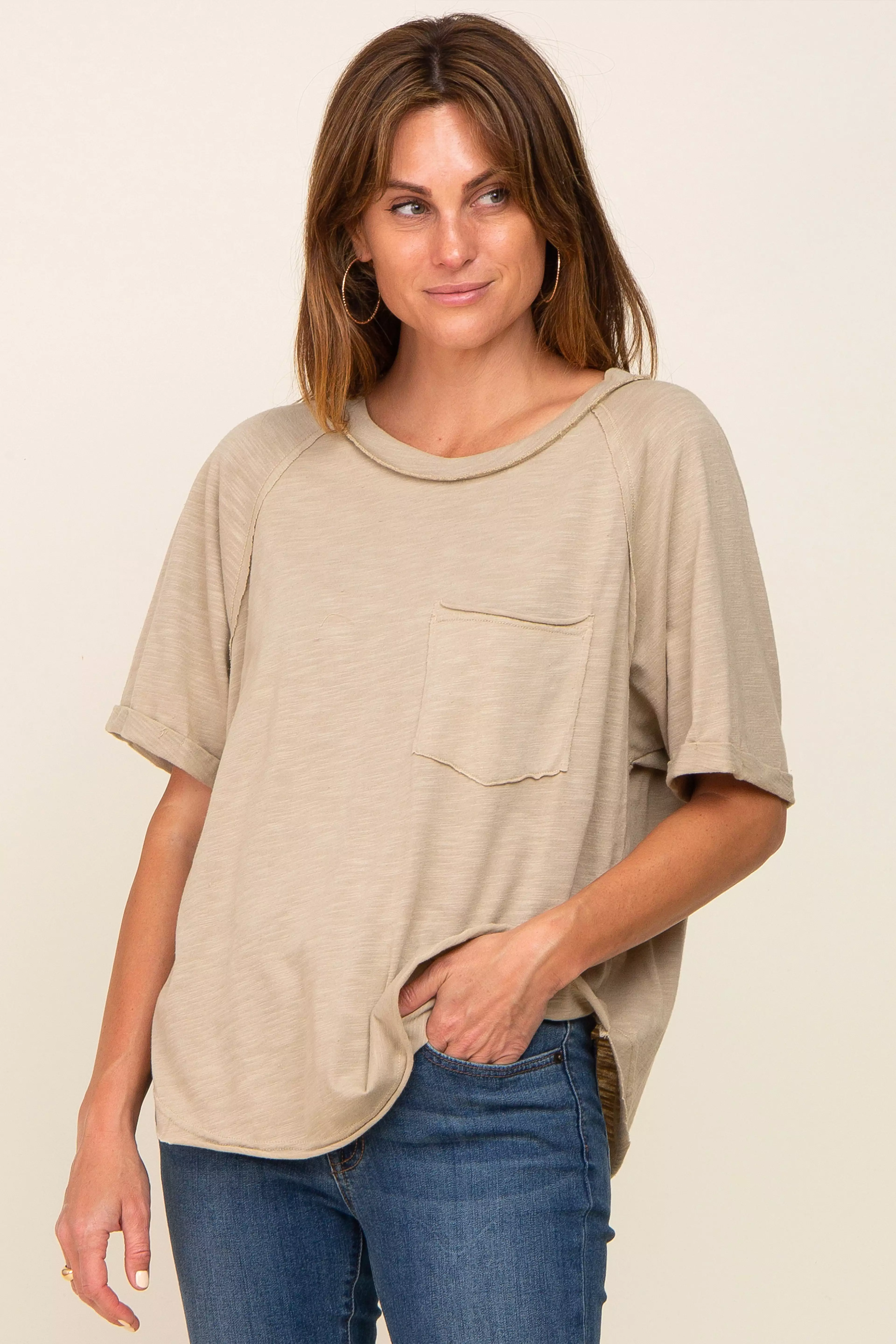 Taupe Front Pocket Raw Edge Trim Short Sleeve Maternity Top