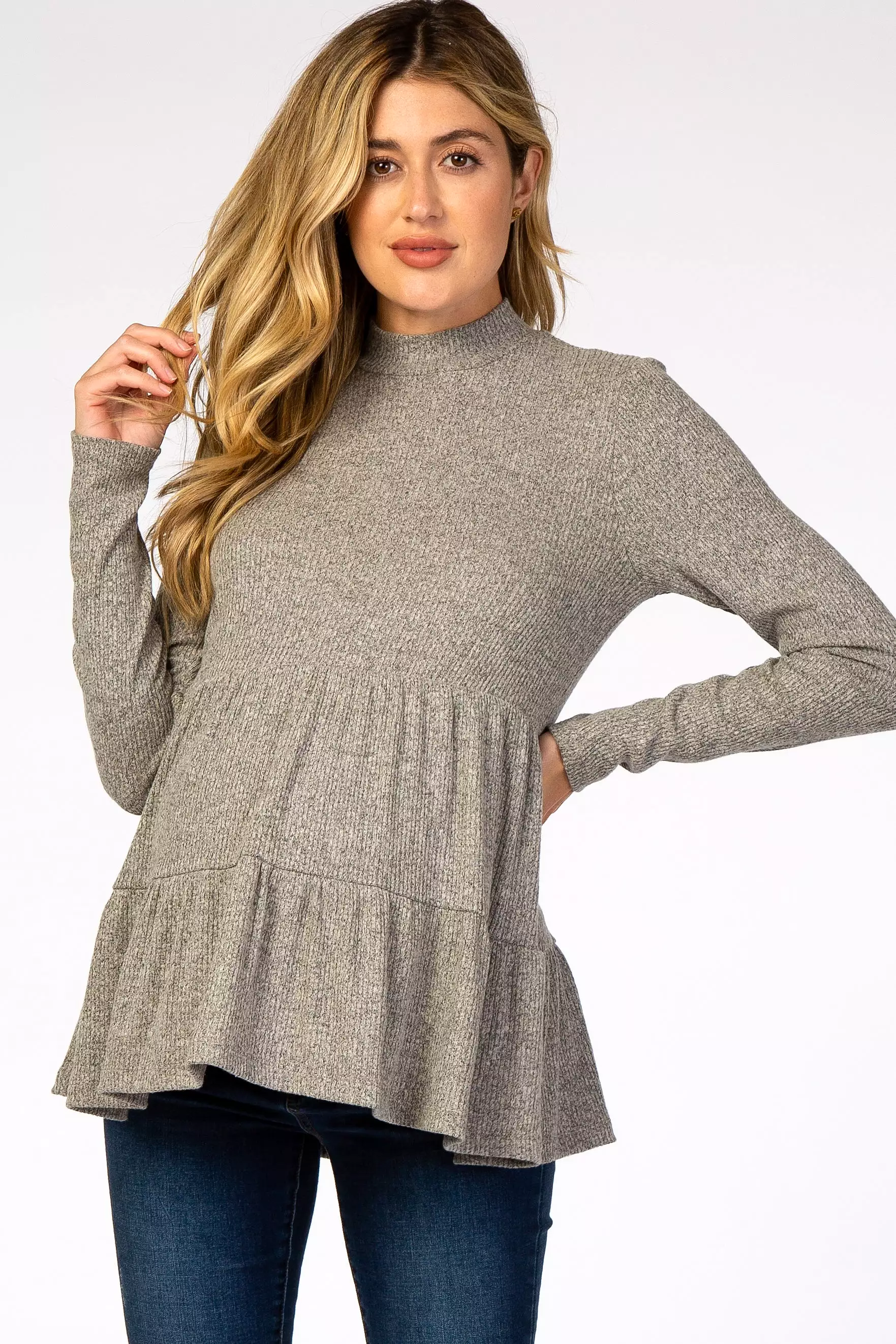 Taupe Soft Ribbed Tiered Mock Neck Maternity Top