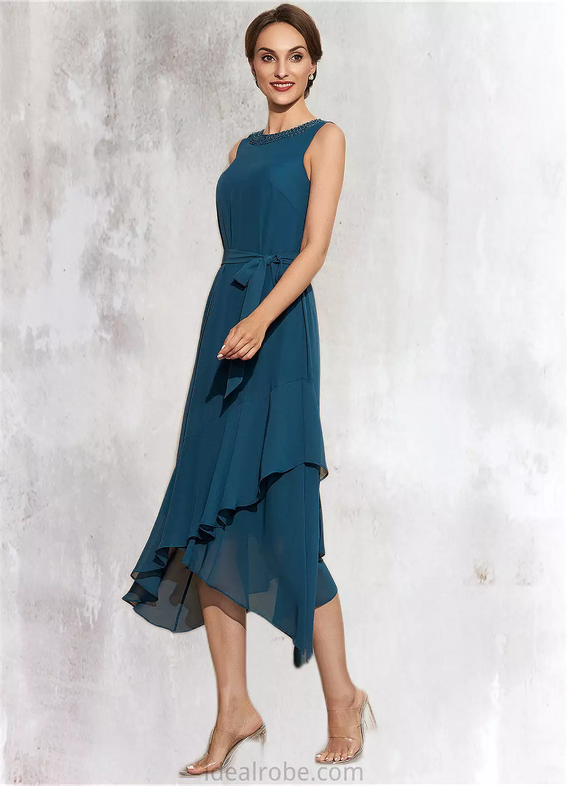 Teagan A-Line Scoop Neck Asymmetrical Chiffon Mother of the Bride Dress With Beading Cascading Ruffles STK126P0014817