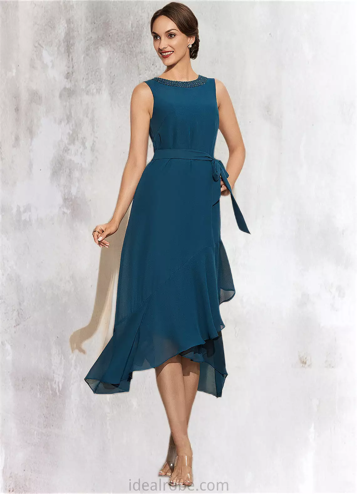 Teagan A-Line Scoop Neck Asymmetrical Chiffon Mother of the Bride Dress With Beading Cascading Ruffles STK126P0014817