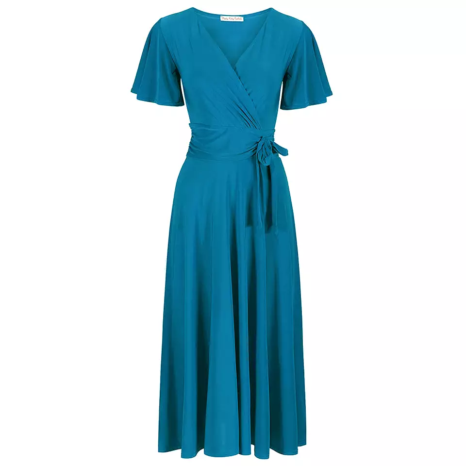 Teal Blue Cap Sleeve Crossover V Neck Wrap Top Swing Dress