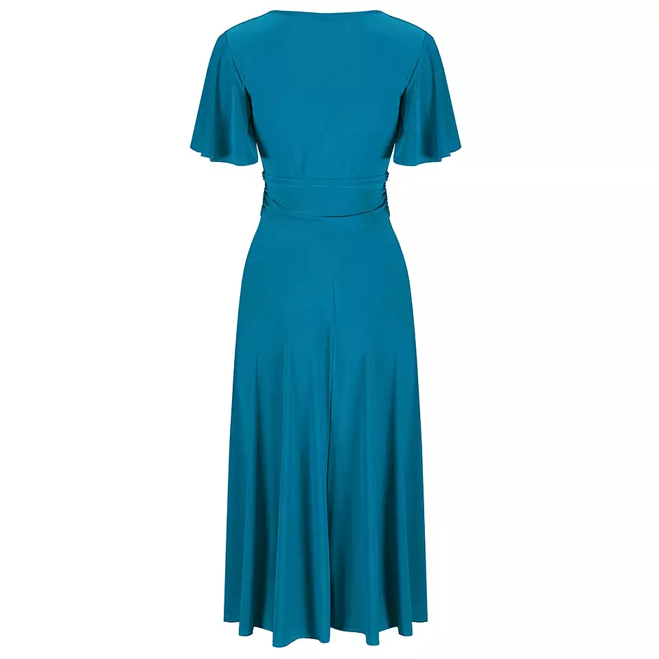 Teal Blue Cap Sleeve Crossover V Neck Wrap Top Swing Dress