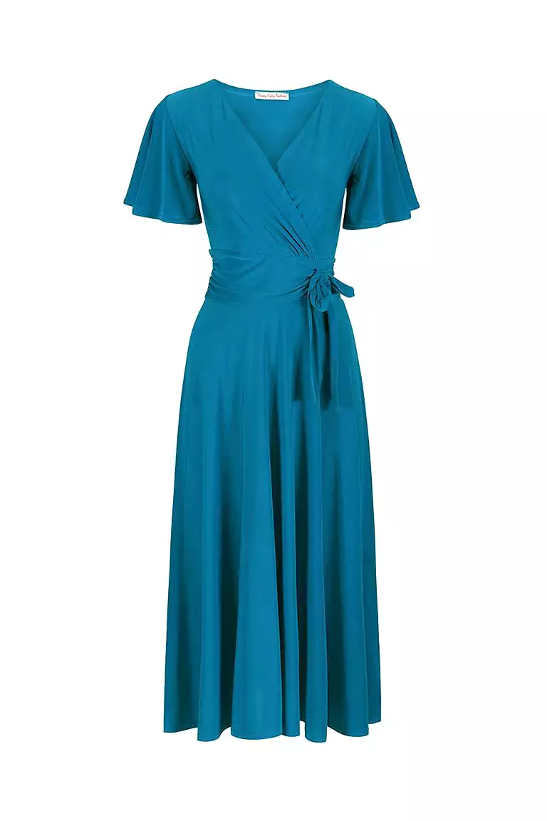 Teal Blue Cap Sleeve Crossover V Neck Wrap Top Swing Dress