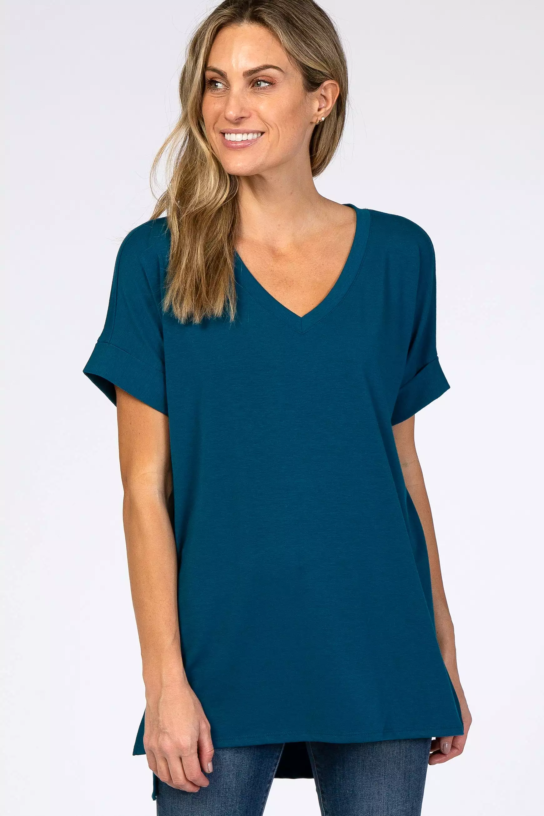 Teal V-Neck Cuffed Short Sleeve Maternity Top