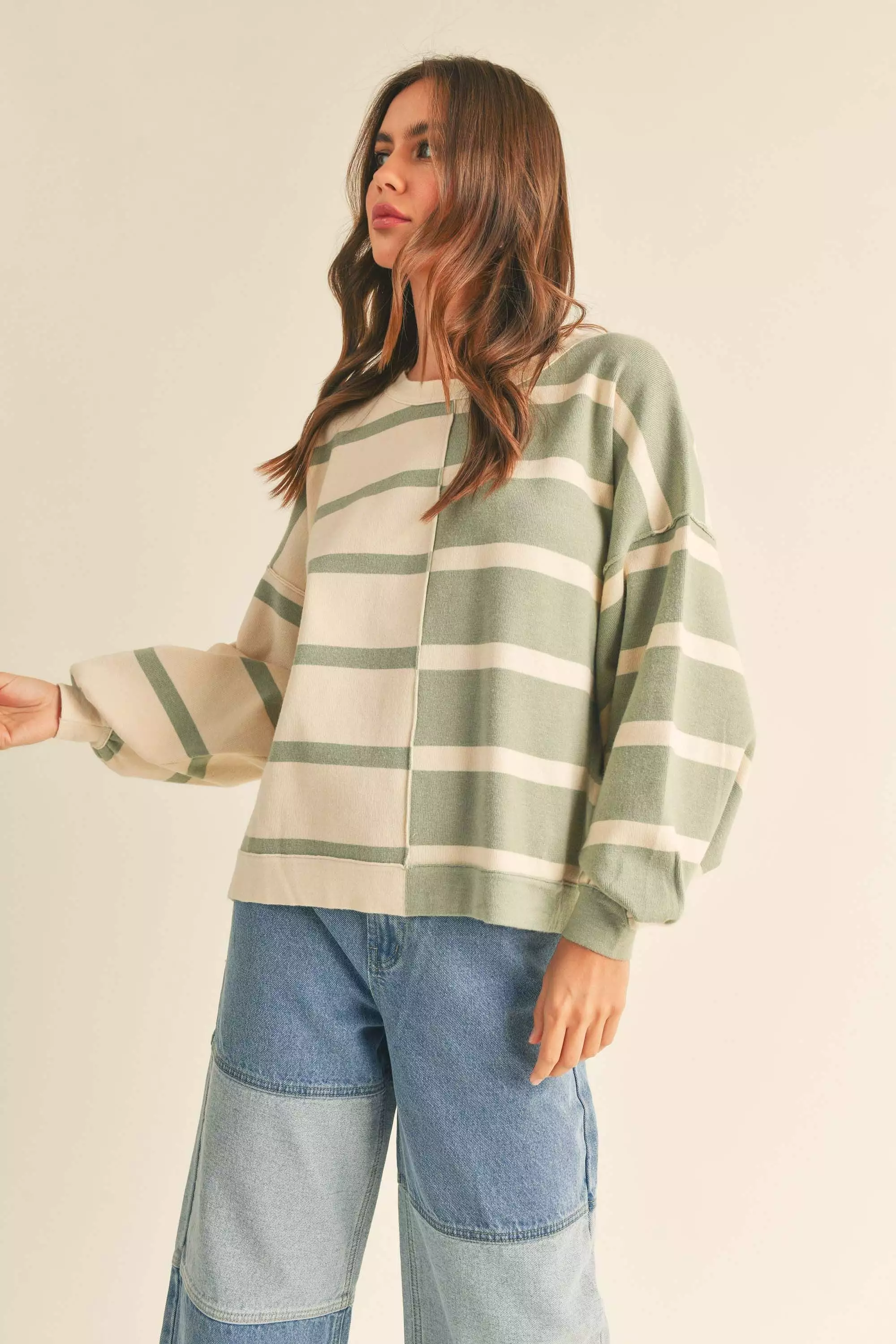 The Lionel Striped Sweater in Sage + Cream