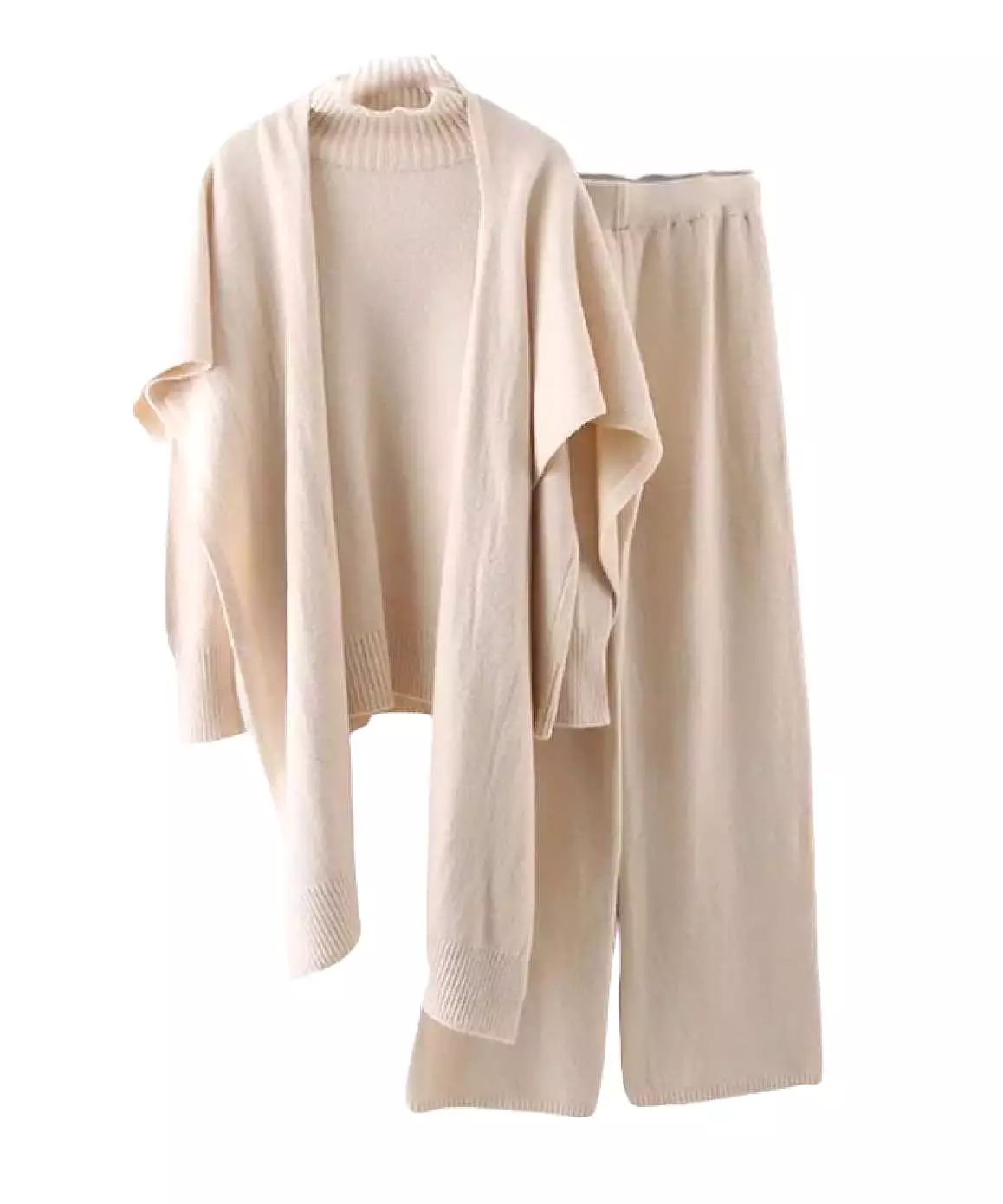 Turtleneck Sweater Shawl And Pants Three Piece Knit Set