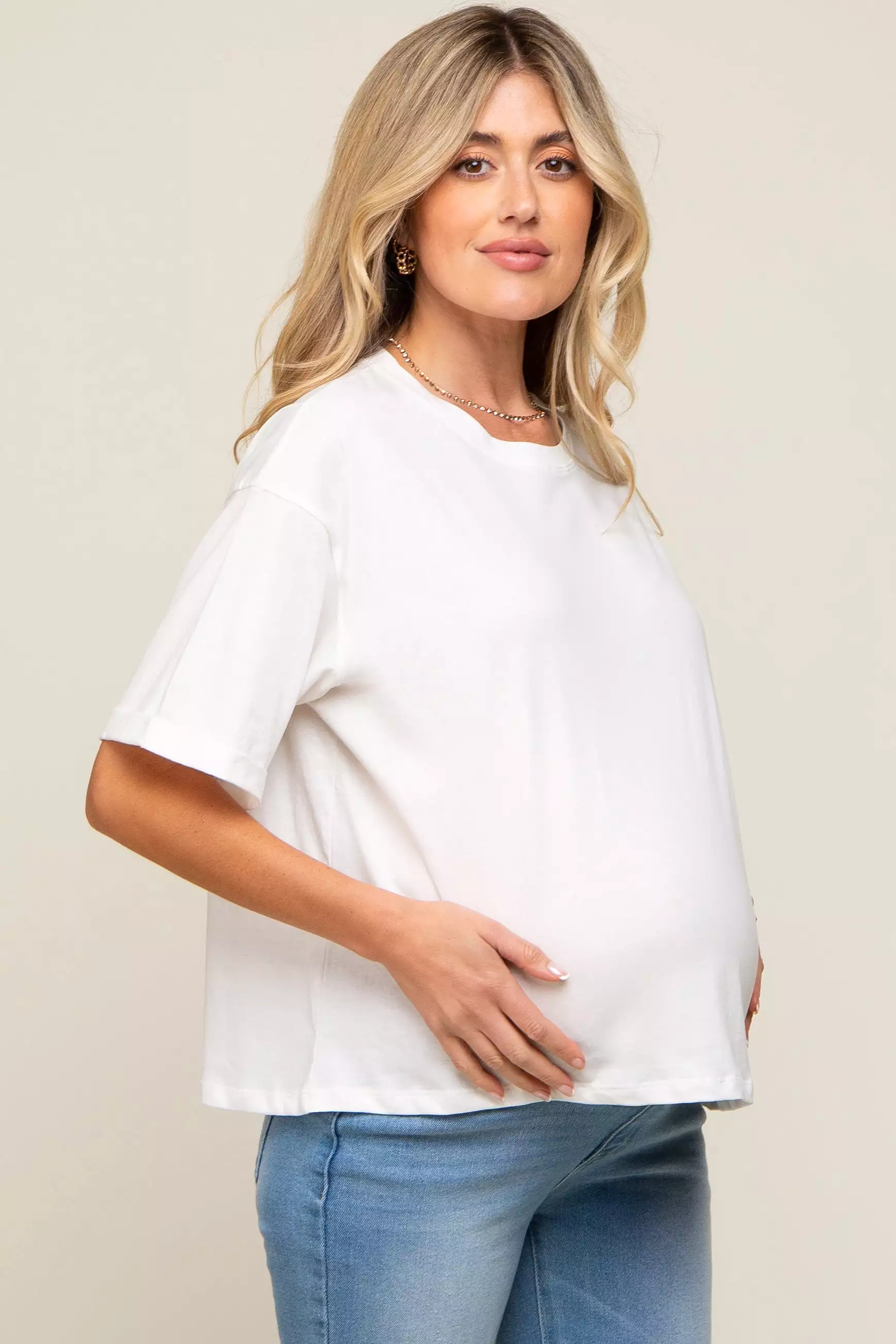 White Basic Rolled Short Sleeve Maternity T-Shirt