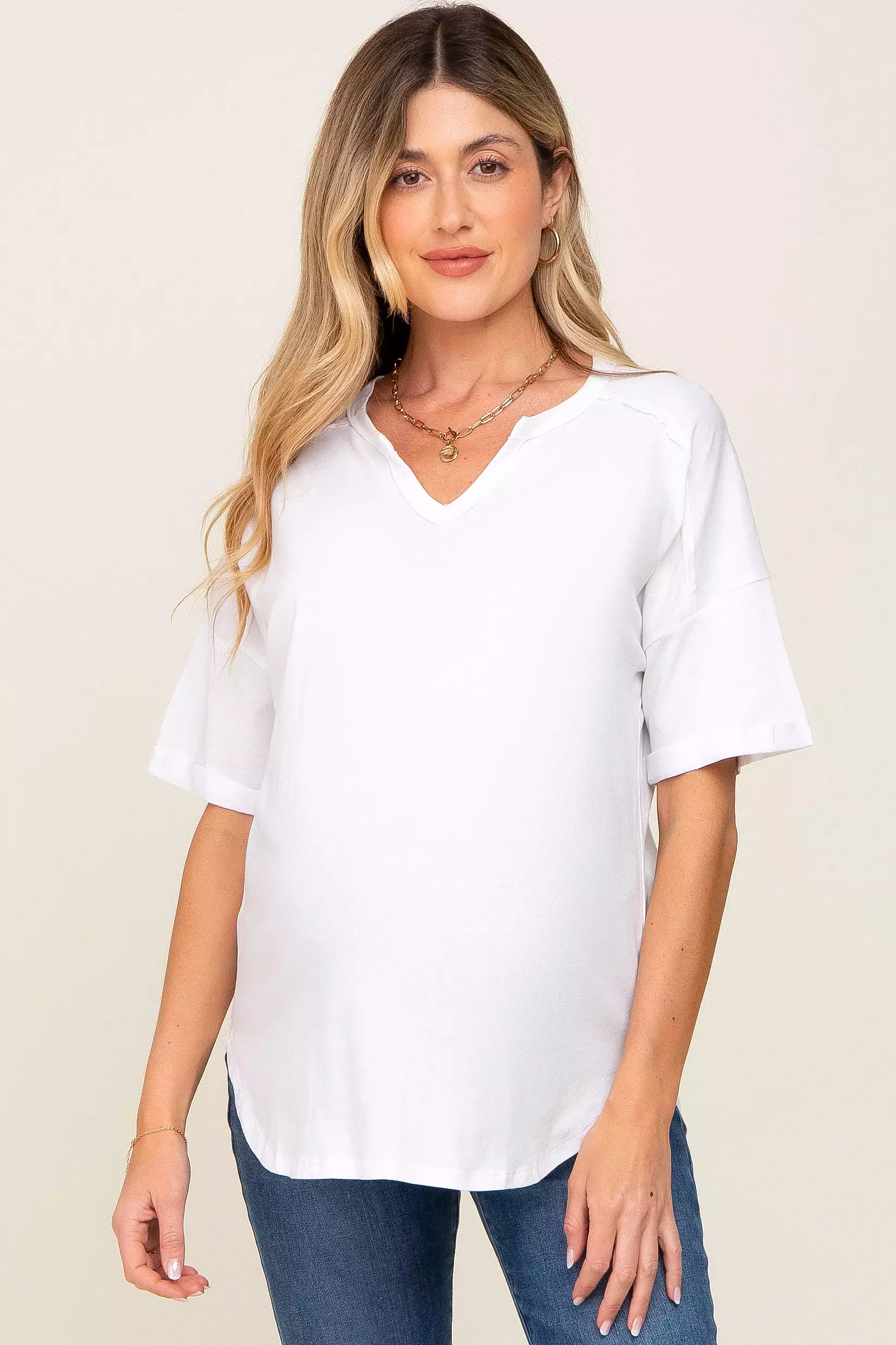 White Oversized V-Neck Cuffed Short Sleeve Maternity Tee