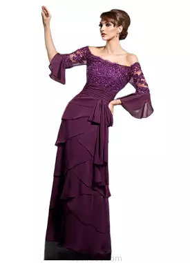 Winifred A-Line Off-the-Shoulder Floor-Length Chiffon Mother of the Bride Dress With Lace Beading Sequins Bow(s) Cascading Ruffl