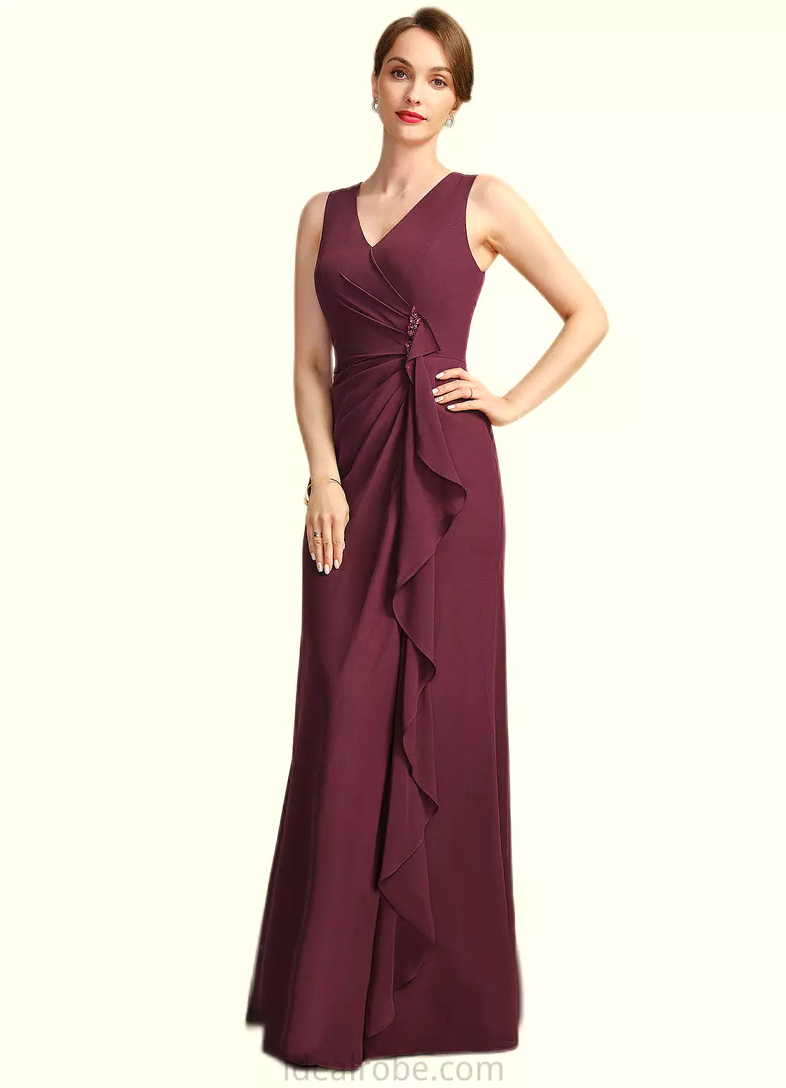 Yaritza Sheath/Column V-Neck Floor-Length Chiffon Mother of the Bride Dress With Beading Cascading Ruffles STKP0021835