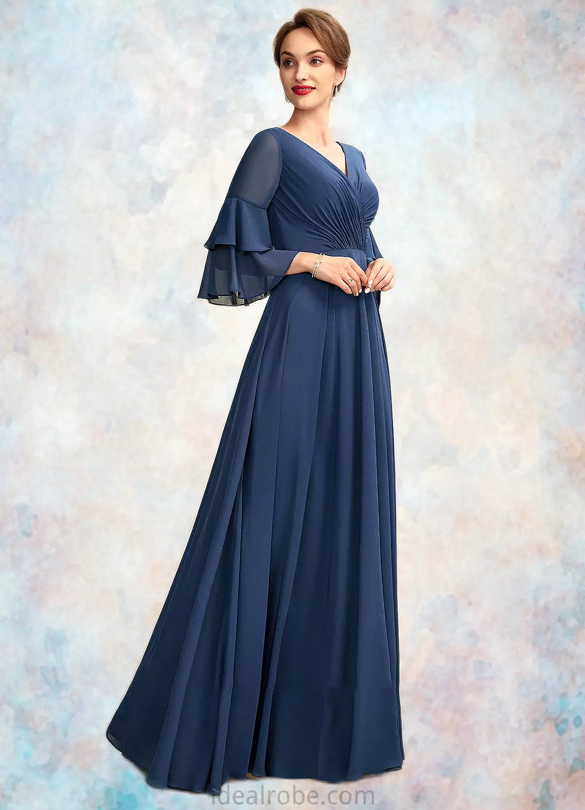 Yasmin A-Line V-neck Floor-Length Chiffon Mother of the Bride Dress With Cascading Ruffles STK126P0015003