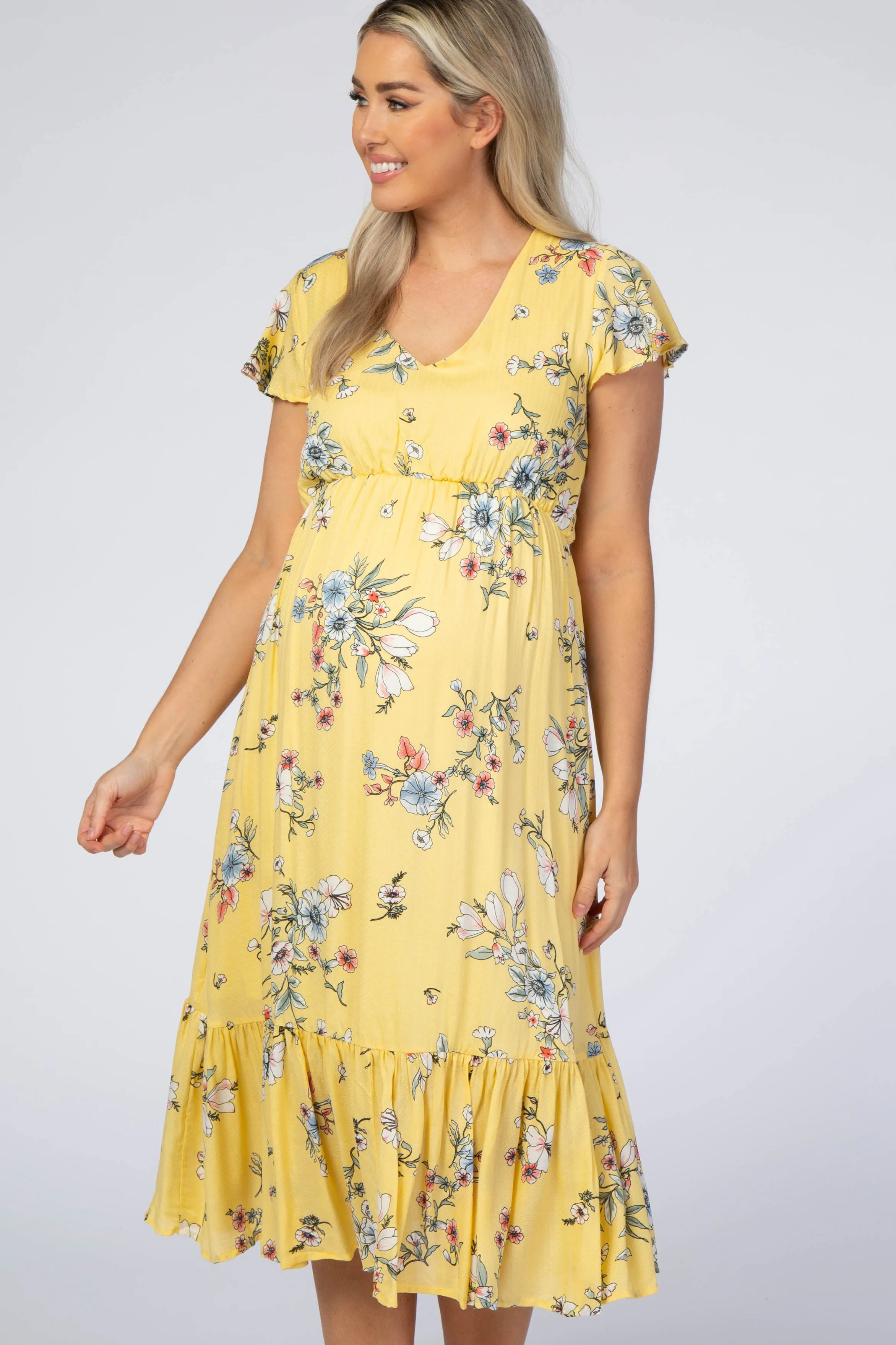 Yellow Floral Flounce Sleeve Midi Maternity Dress