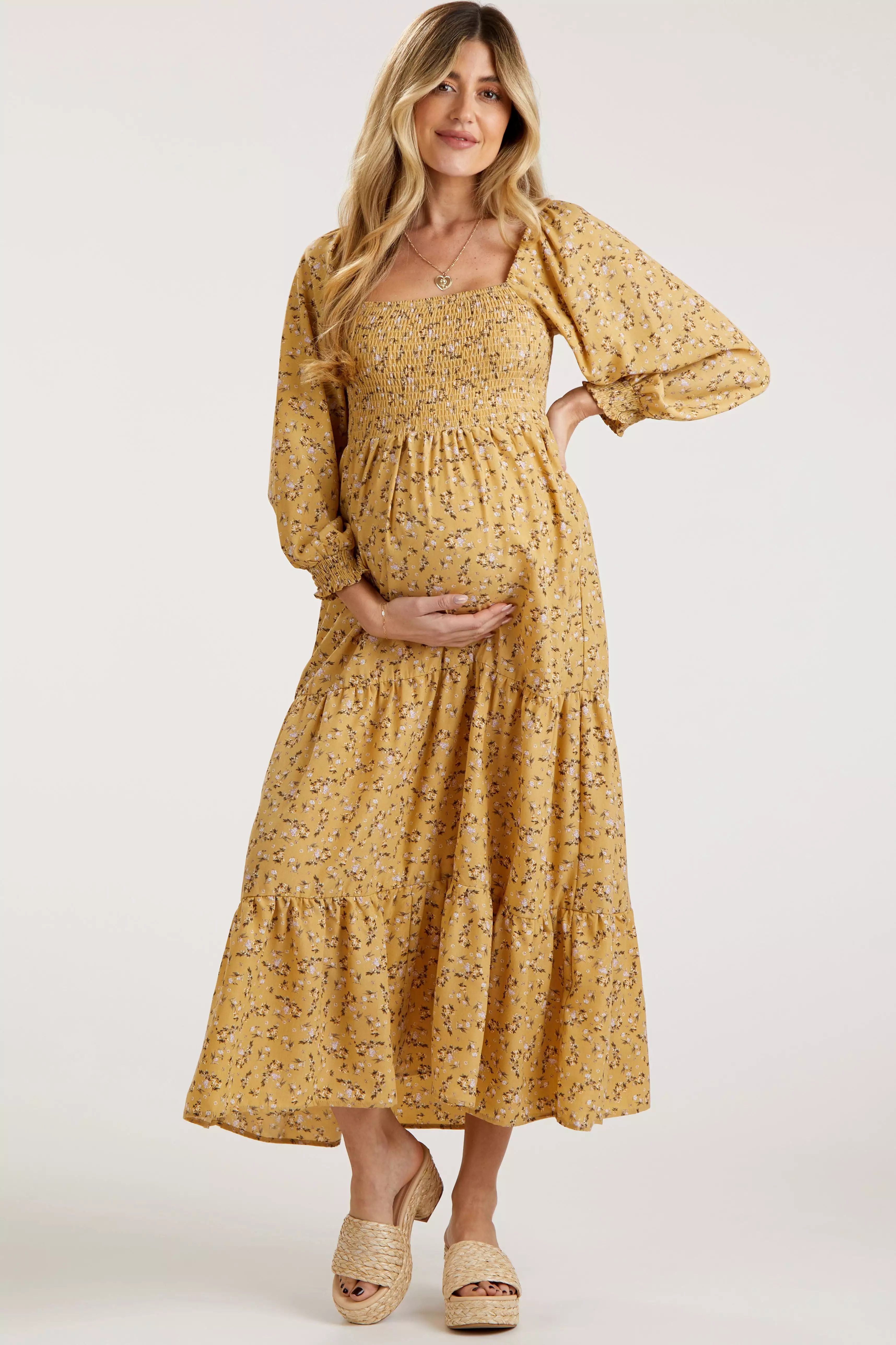 Yellow Floral Smocked Long Sleeve Maternity Maxi Dress