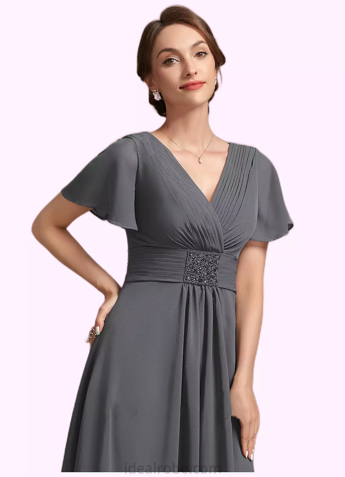 Zoey A-Line V-neck Ankle-Length Chiffon Mother of the Bride Dress With Ruffle Beading STK126P0014709