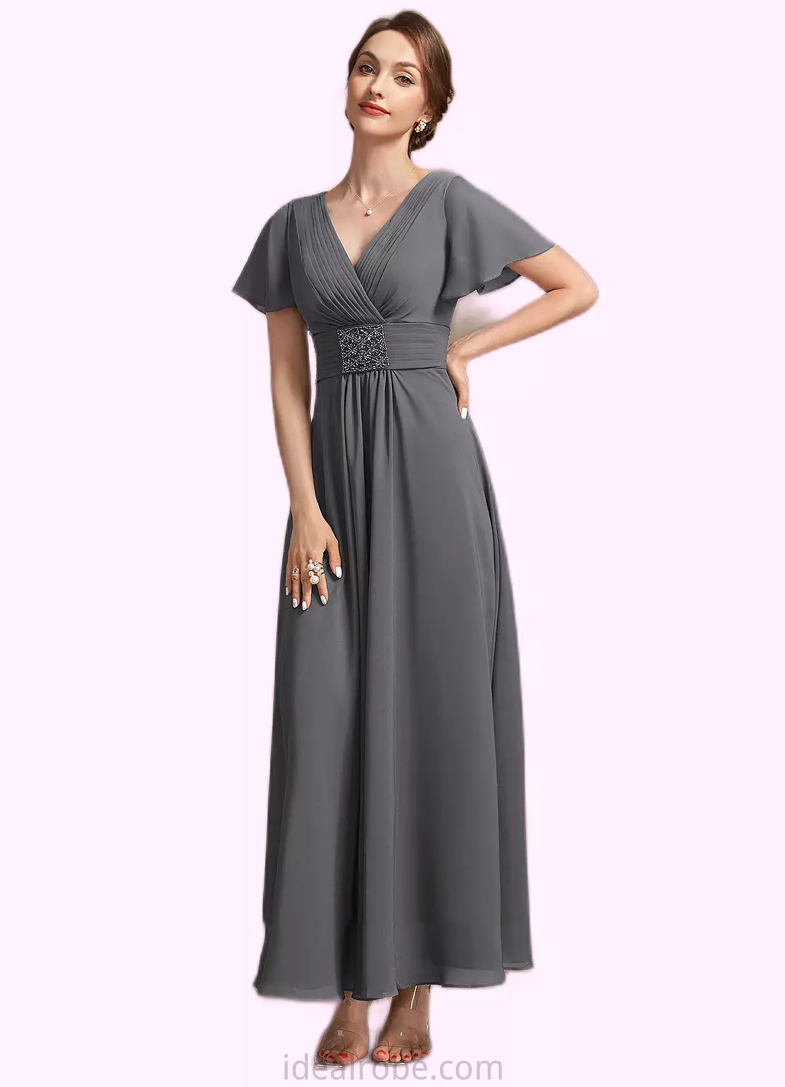 Zoey A-Line V-neck Ankle-Length Chiffon Mother of the Bride Dress With Ruffle Beading STK126P0014709